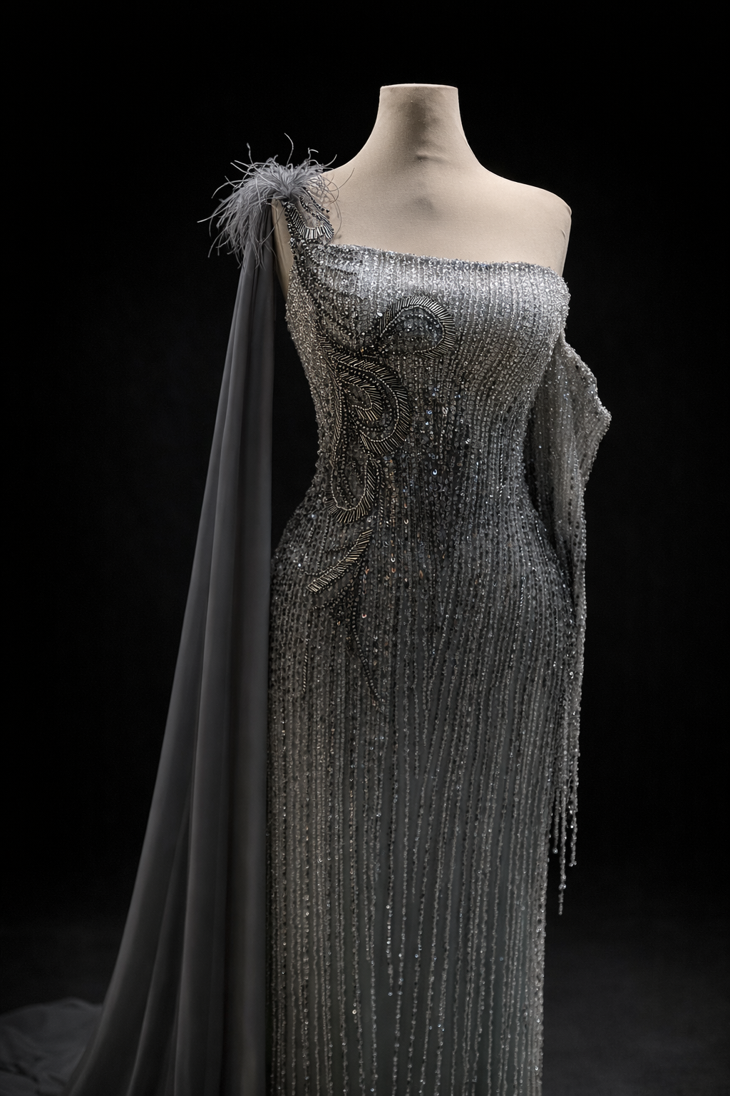 ABİYE                                          Tek Omuz Şifon Pelerinli Boncuk İşlemeli Couture Abiye Elbise