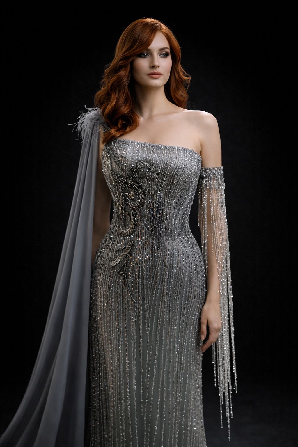 ABİYE                                          Tek Omuz Şifon Pelerinli Boncuk İşlemeli Couture Abiye Elbise