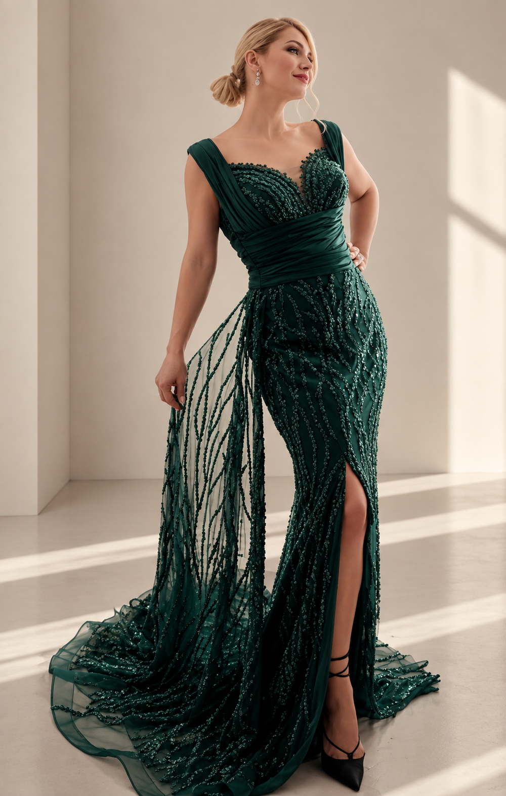 LİNA İŞLEMELİ DRAPE DETAYLI YITMAÇLI ABİYE MODELİ