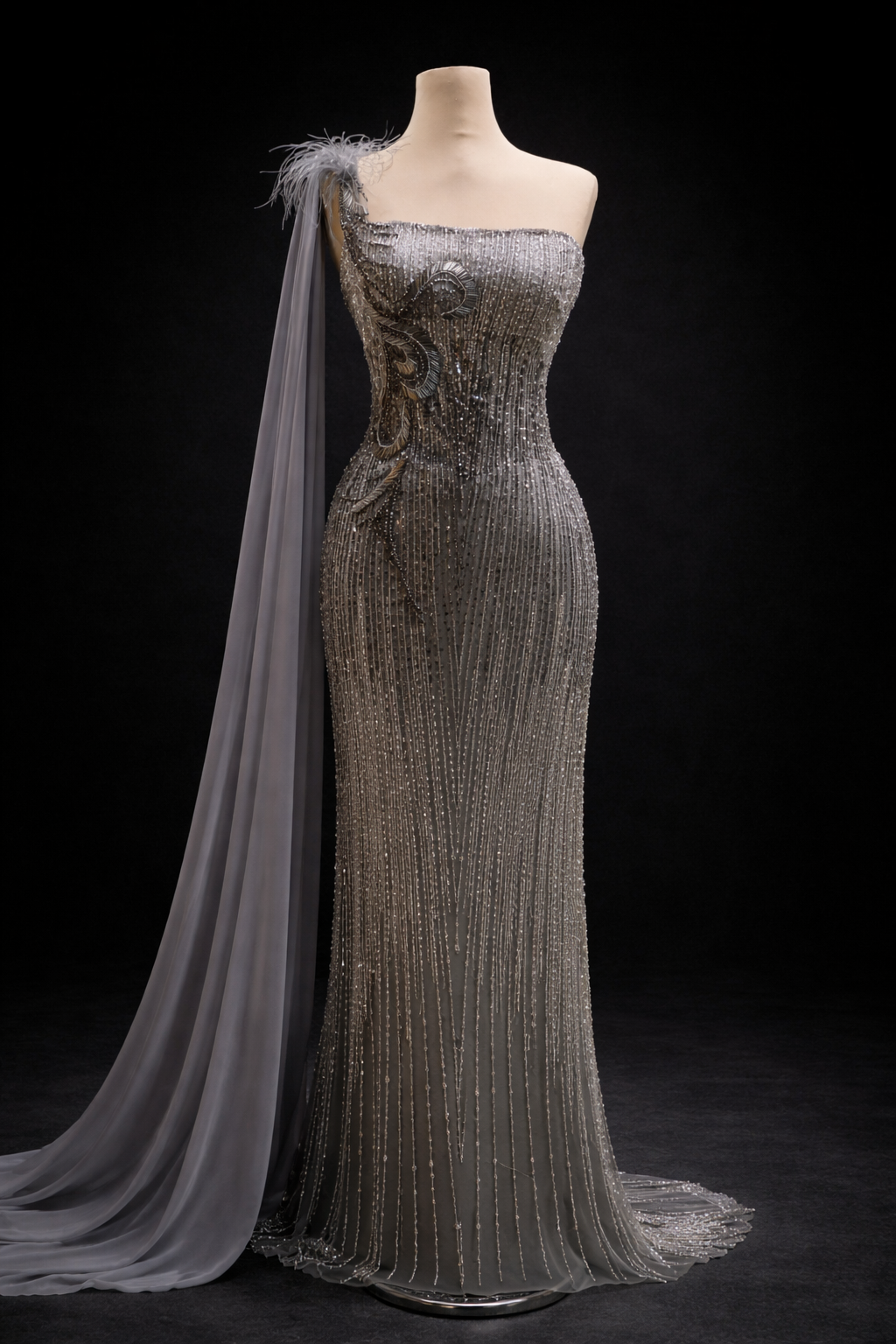 ABİYE                                          Tek Omuz Şifon Pelerinli Boncuk İşlemeli Couture Abiye Elbise