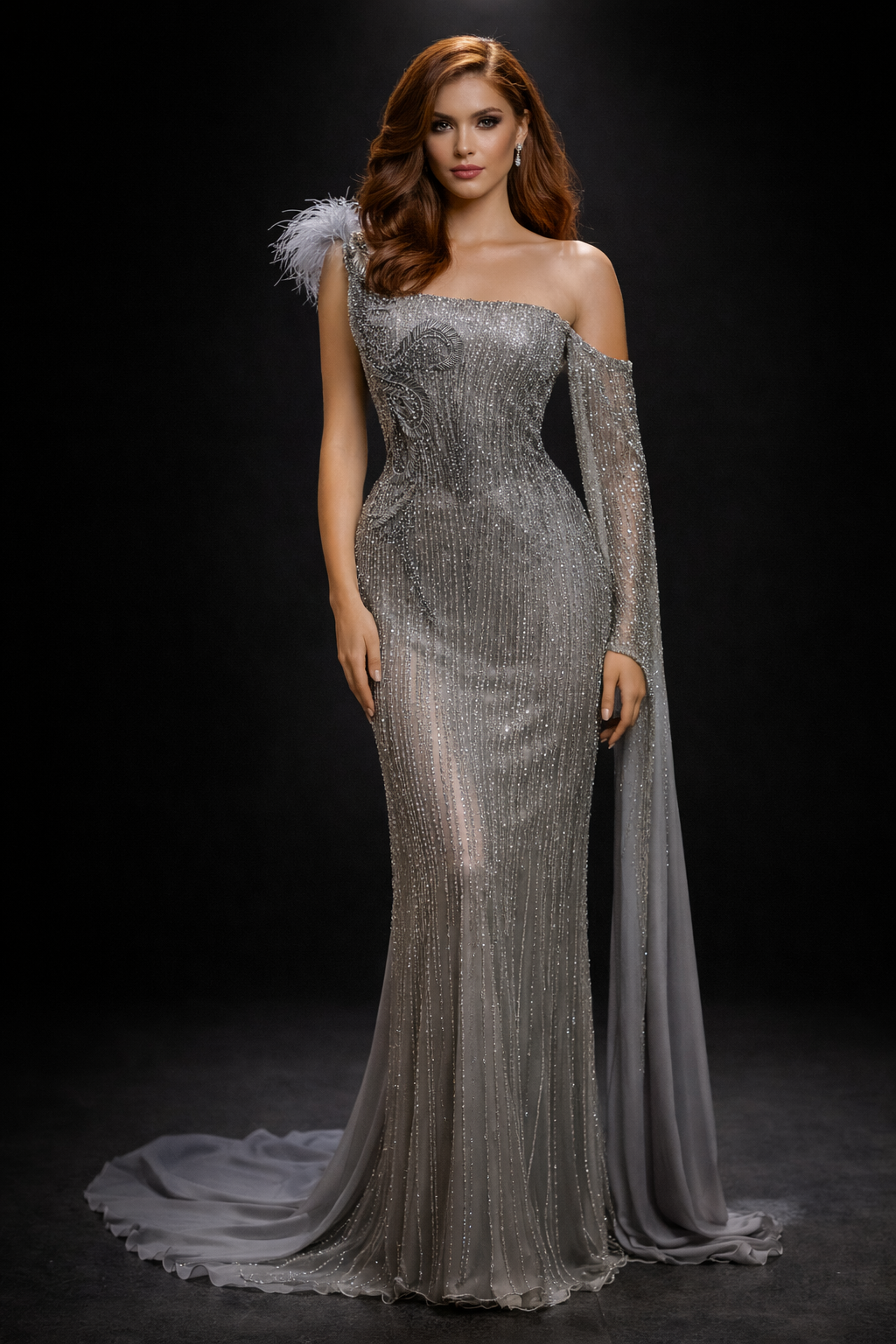 ABİYE                                          Tek Omuz Şifon Pelerinli Boncuk İşlemeli Couture Abiye Elbise
