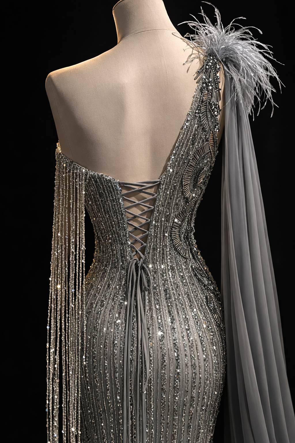 ABİYE                                          Tek Omuz Şifon Pelerinli Boncuk İşlemeli Couture Abiye Elbise