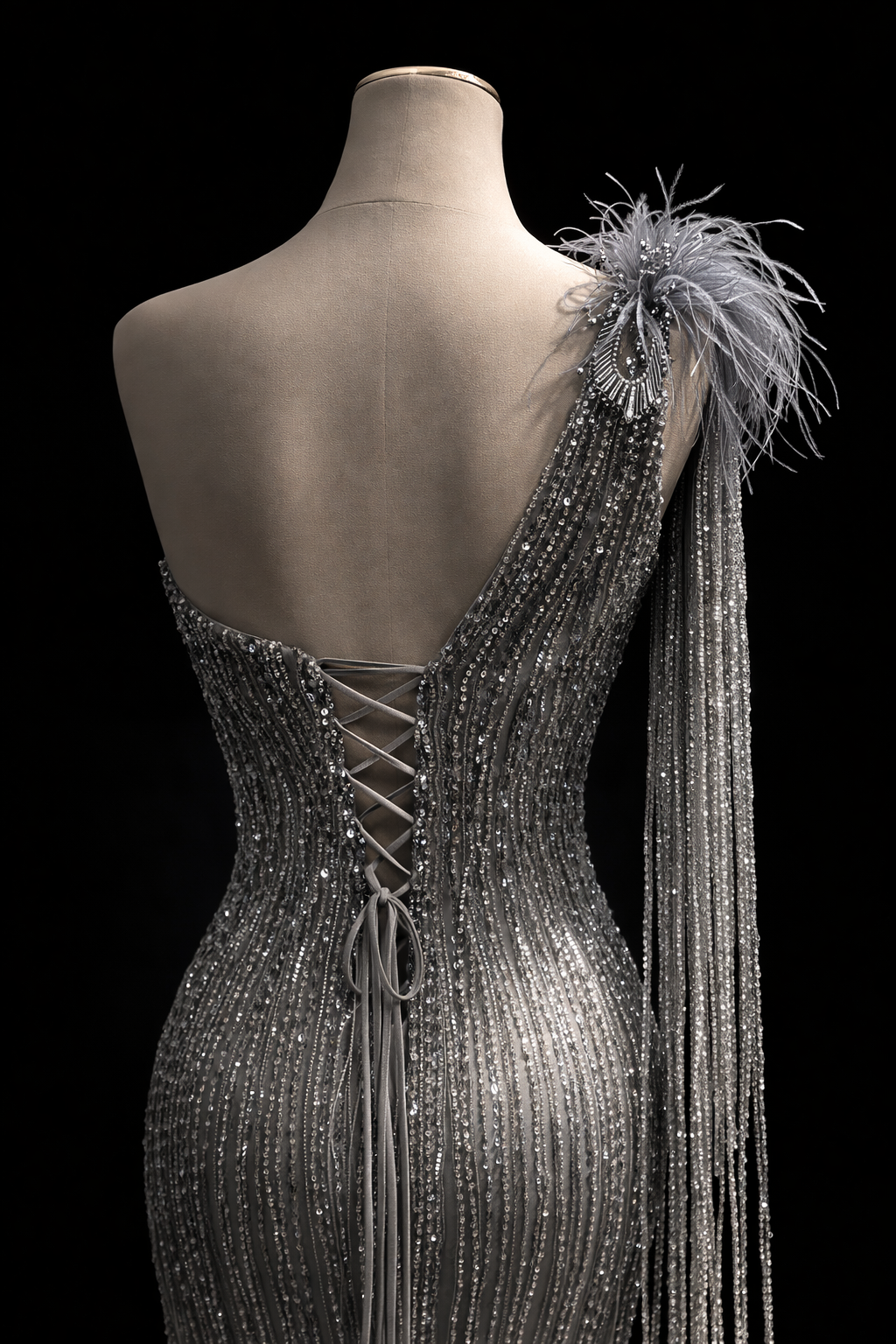 ABİYE                                          Tek Omuz Şifon Pelerinli Boncuk İşlemeli Couture Abiye Elbise