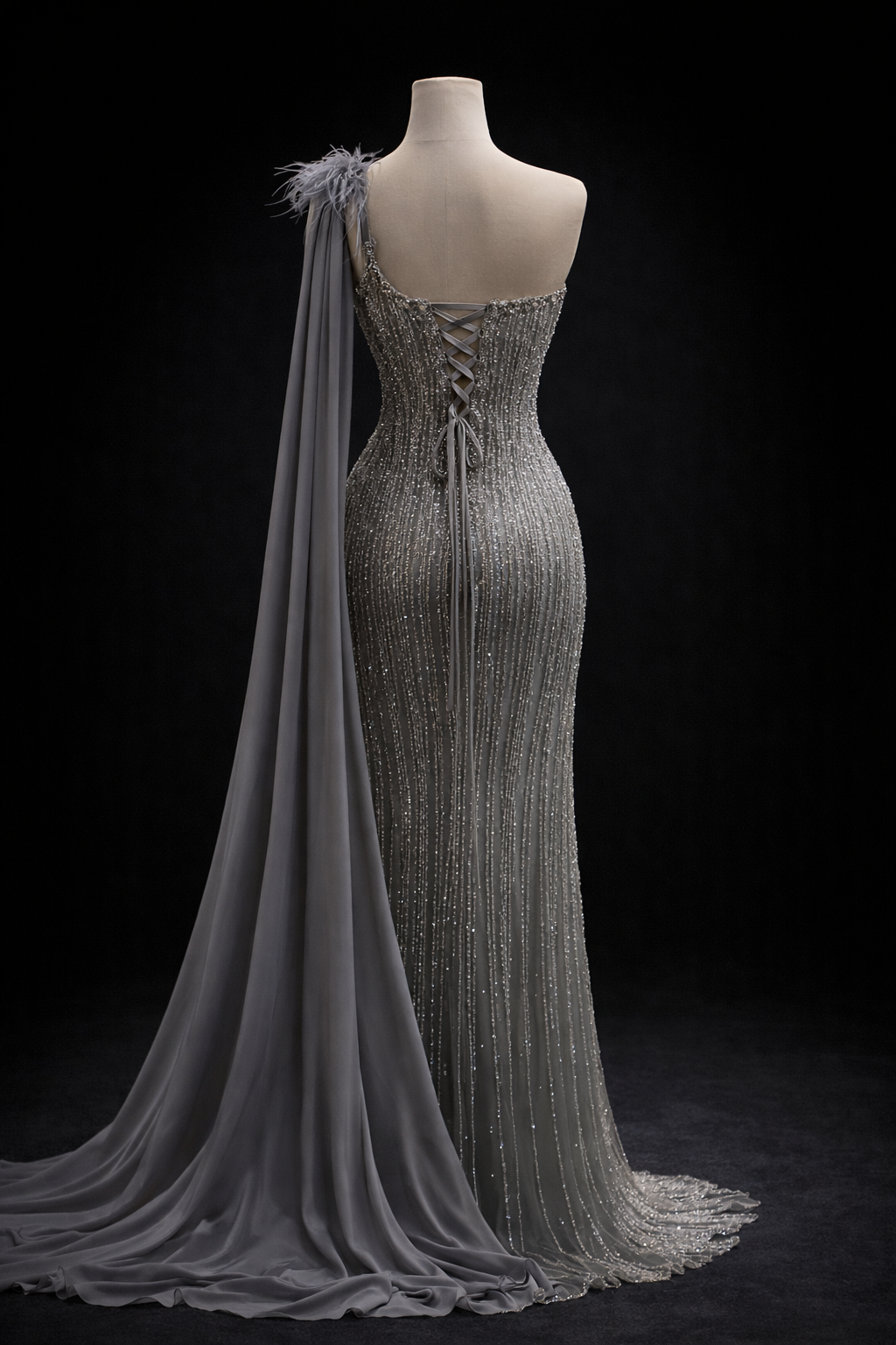 ABİYE                                          Tek Omuz Şifon Pelerinli Boncuk İşlemeli Couture Abiye Elbise