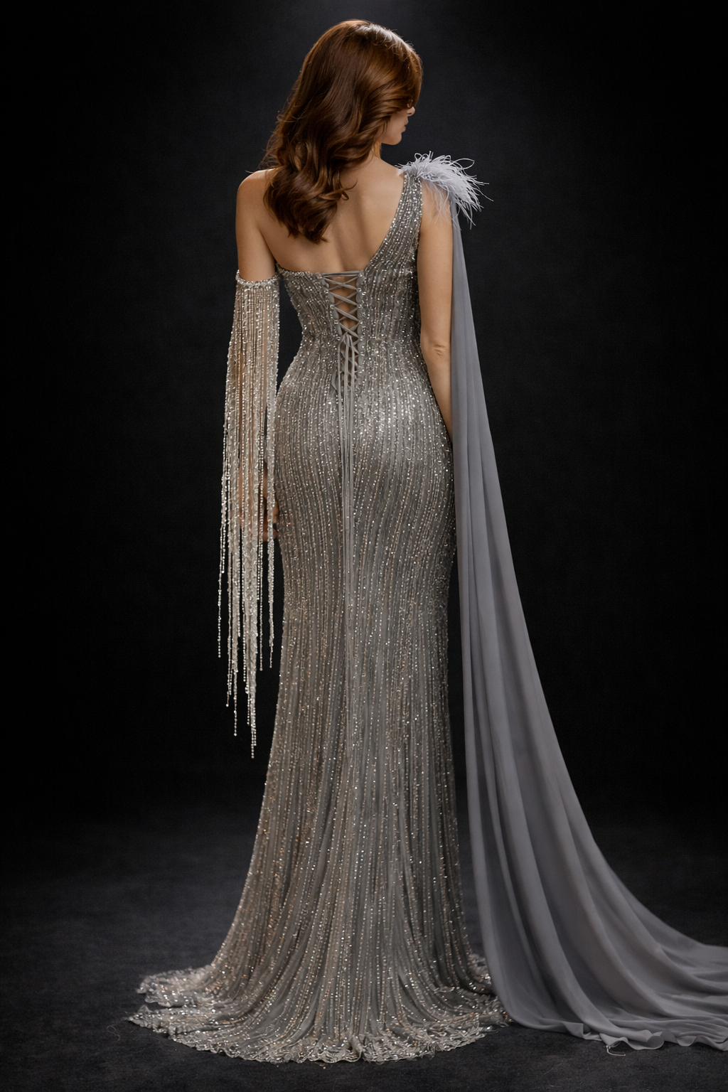 ABİYE                                          Tek Omuz Şifon Pelerinli Boncuk İşlemeli Couture Abiye Elbise